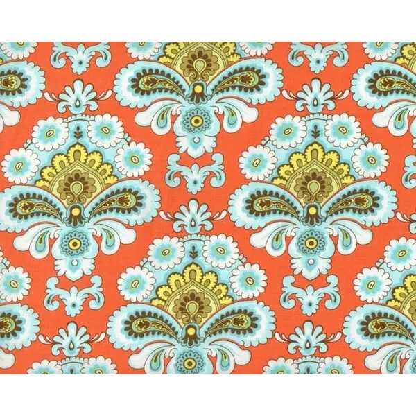 Patchworkstoff BELLE FRENCH WALLPAPER, ornamentale Paisley-Blüten, orange-helles türkis