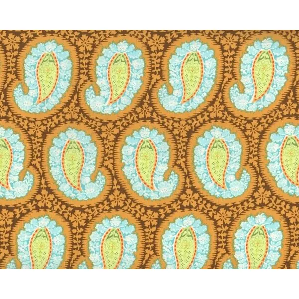 Patchworkstoff BELLE HENNA, Paisley-Muster, goldbraun-hellgrün-türkis