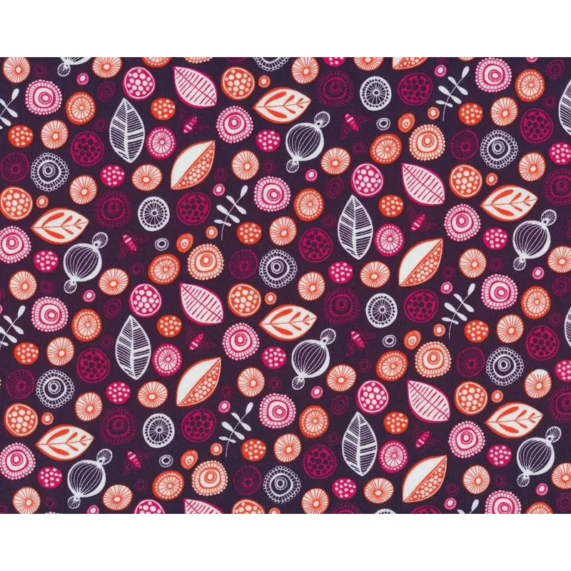 Patchworkstoff BEYOND THE BACKYARD, Blüten, Blätter und Bienen, pflaume-dunkles orange
