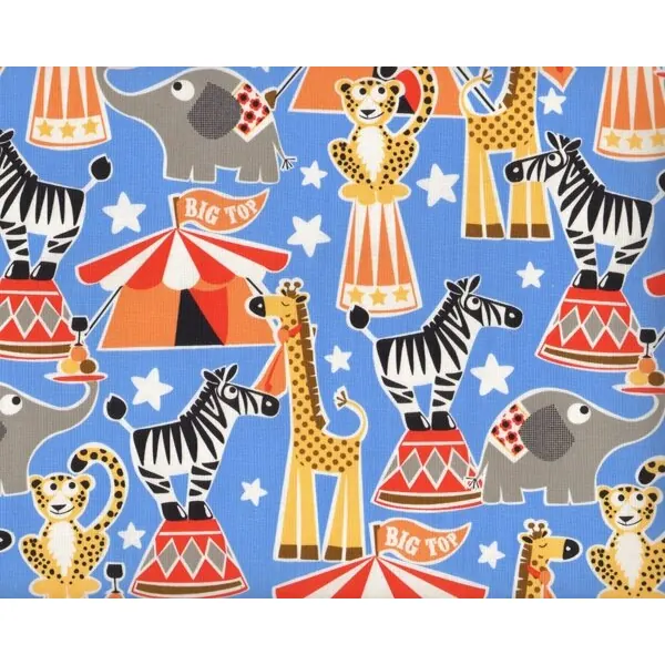 Patchworkstoff "Big Top" mit lustigen Zirkustieren, mittelblau-rot-orange