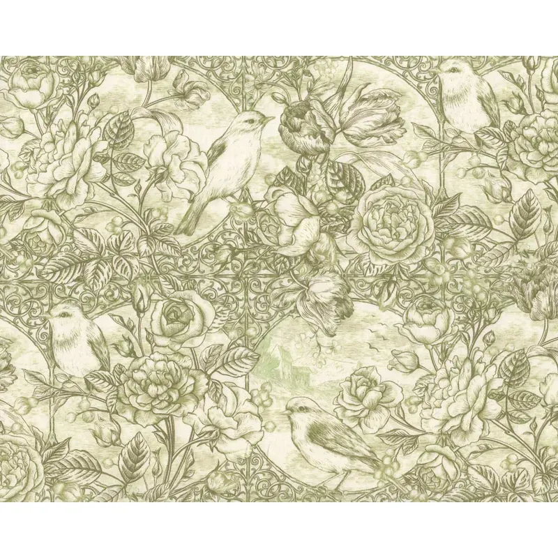 Patchworkstoff BIRD TOILE, Rosenhecke mit Vogel, olivgrün, In The Beginning