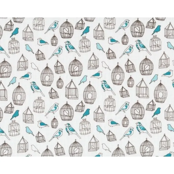 Patchworkstoff "Birds" mit Vögeln und Vogelkäfigen, weiß-türkis-schlammbraun