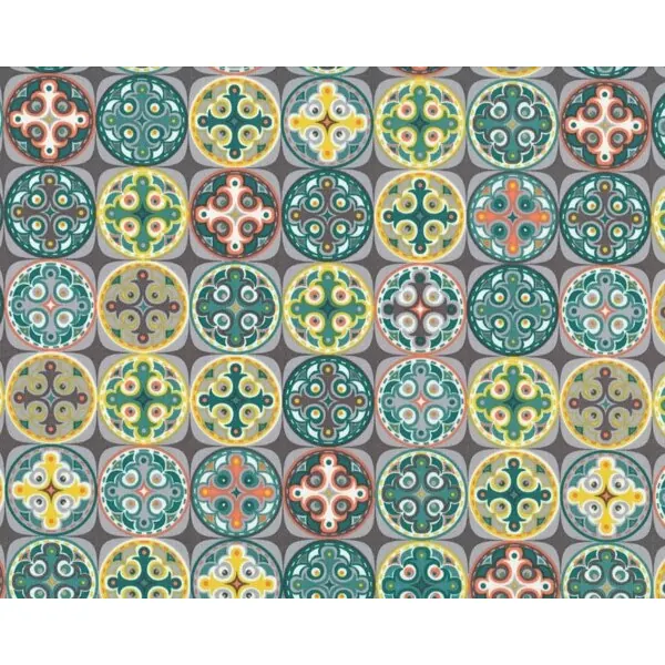 Patchworkstoff "Bryant Park" mit Kreis-Viereck-Ornamenten, petrol-gelb