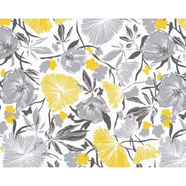 Patchworkstoff "Bryant Park" mit Mohnblumen und Astern, hellgrau-gelb