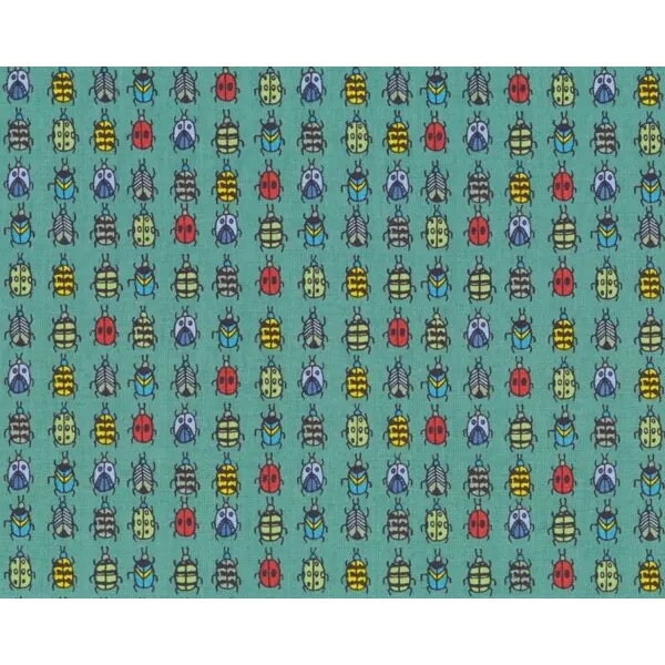 Patchworkstoff BUGS mit Käfern in Reihen, türkisgrün-gelb