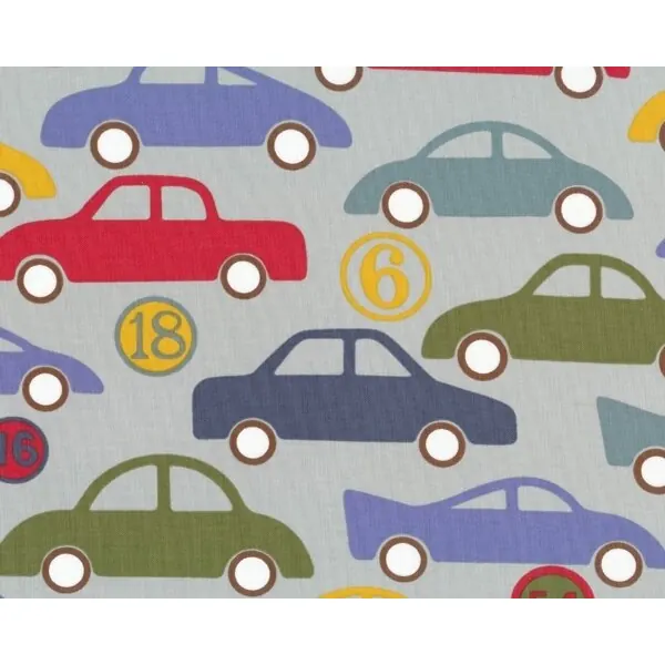 Patchworkstoff "Bumper 2 Bumper" mit großen Autos, rot-taubenblau-gedecktes gelb
