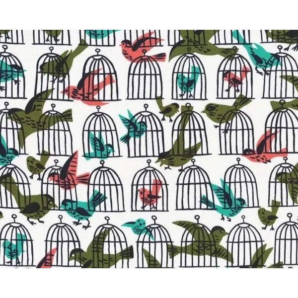 Patchworkstoff "Cage Free" mit Vogelkäfigen, moosgrün-türkis