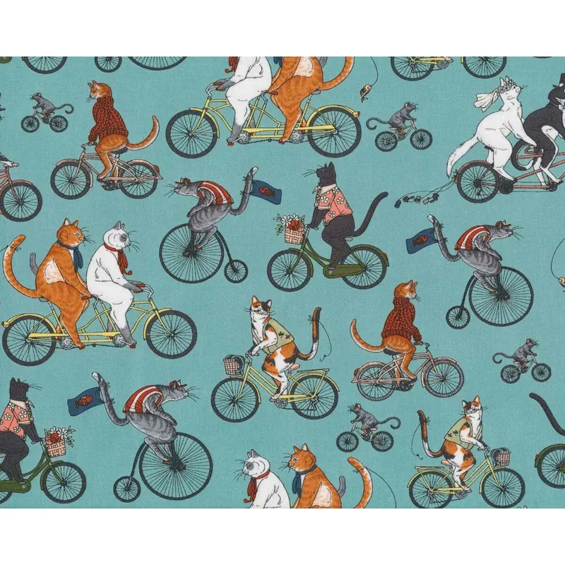 Patchworkstoff CAT TALES, Radfahrer-Katzen, mintgrün, Rachel Hauer