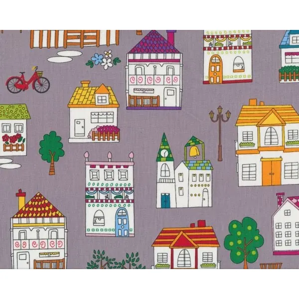 Patchworkstoff CHARMVILLE, bunte Stadt, rosagrau-orange