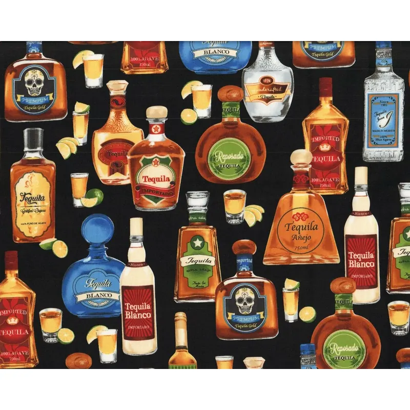 Patchworkstoff CHEERS, Tequila-Flaschen, schwarz-goldbraun