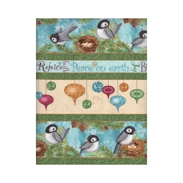 Patchworkstoff CHICKADEE HOLIDAY, Längsbordüren mit Elstern, türkis-grün