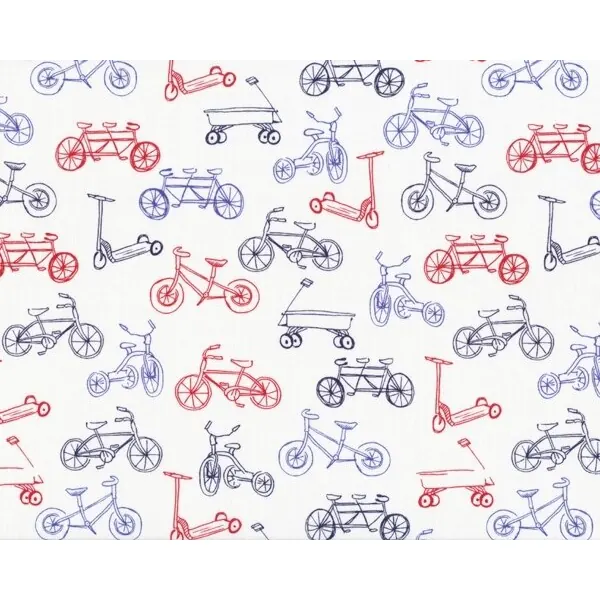 Patchworkstoff "Children at play" mit Kinder-Fahrrädern, Laufrädern und Bollerwagen, wollweiß-blau-rot