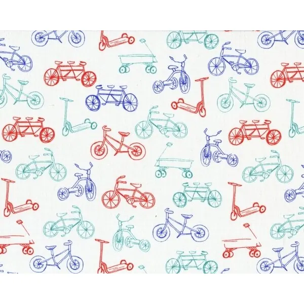 Patchworkstoff "Children at play" mit Kinder-Fahrrädern, Laufrädern und Bollerwagen, wollweiß-helles türkis