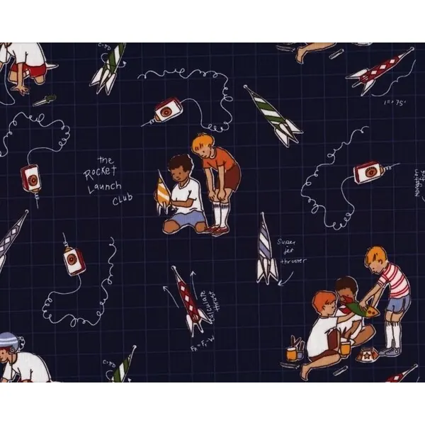 Patchworkstoff "Children at play" mit spielenden Kindern und Raketen, dunkelblau