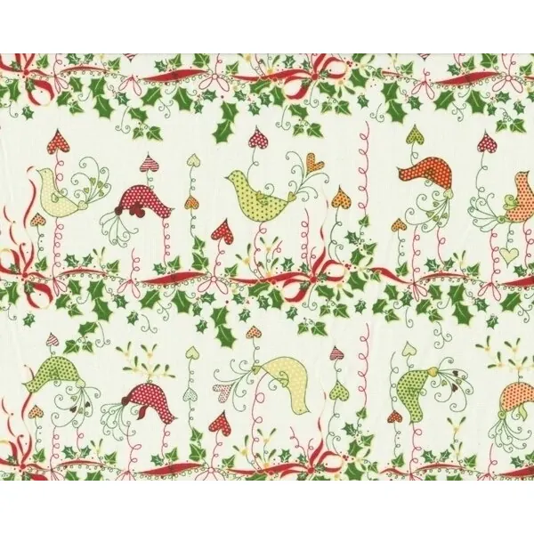 Patchworkstoff "Christmas Bird" mit zarten Vögelchen und Ilex-Ranke, rot-grün-cremé
