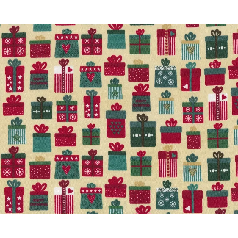 Patchworkstoff CHRISTMAS FOR FRIENDS, Geschenke, hellbeige-dunkelrot