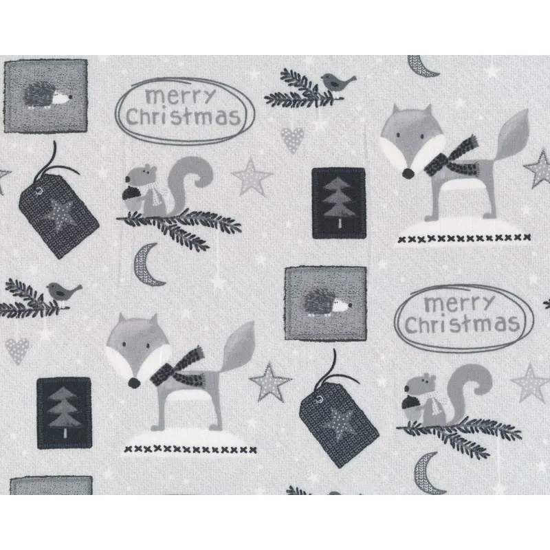 Patchworkstoff CHRISTMAS FOR FRIENDS, Weihnachtsfuchs und Eichhörnchen, hellgrau-steingrau