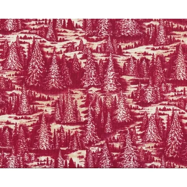 Patchworkstoff CHRISTMAS IN THE WOODS mit Tannenwald, weinrot-hellbeige