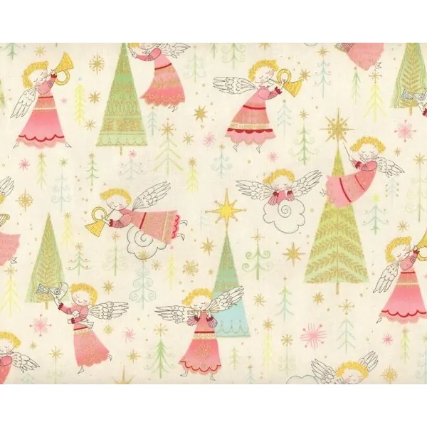 Patchworkstoff CHRISTMAS TIME mit süßen kleinen Engeln, creme-hellgrün-altrosa-gold metallic
