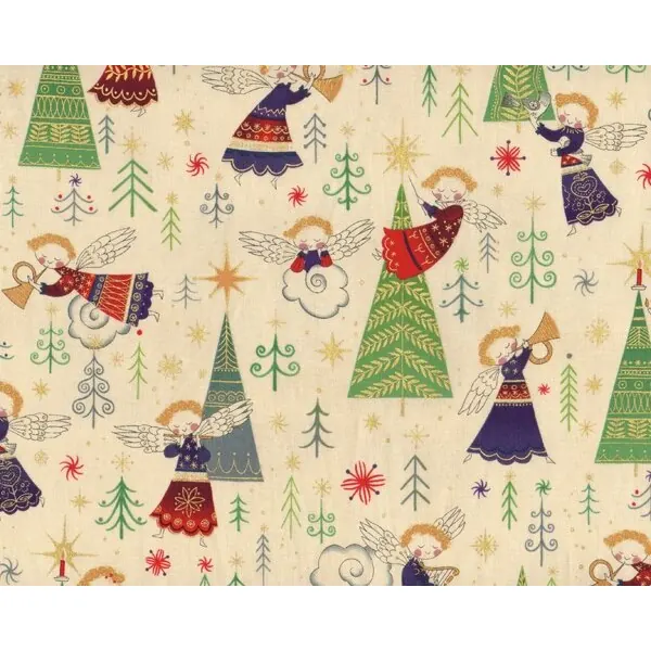 Patchworkstoff CHRISTMAS TIME mit süßen kleinen Engeln, hellbeige-grün-lila-gold metallic