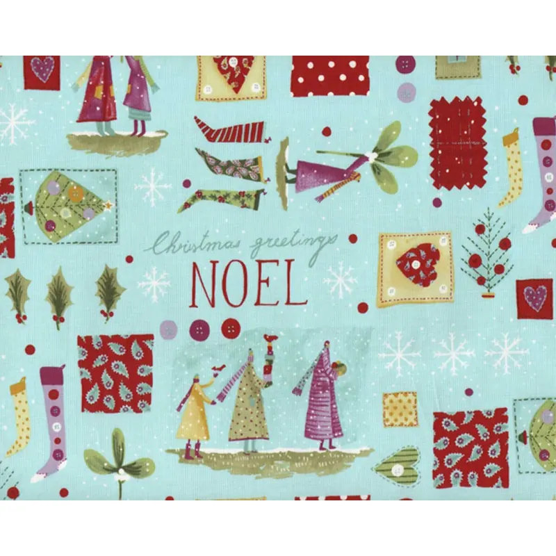 Patchworkstoff CHRISTMAS TIME, Weihnachts-Figuren, hellblau-dunkelrot, Alexander Henry