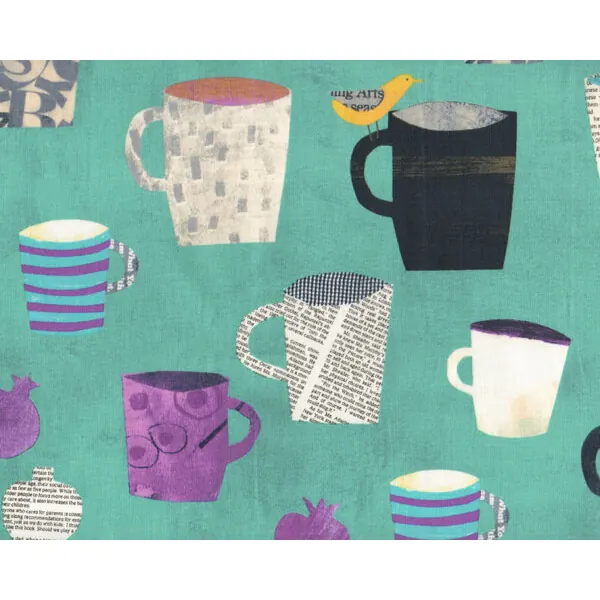 Patchworkstoff COLLAGE mit bunten Comic-Tassen, kräftiges türkis-lila-anthrazit