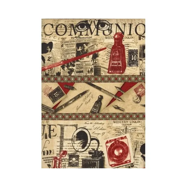 Patchworkstoff COMMUNIQUE, Längsbordüre mit Schreibutensilien, Wilmington Prints