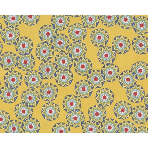 Patchworkstoff "Cosmos" mit Zacken-Kreisen, stumpfes gelb-gedecktes blau