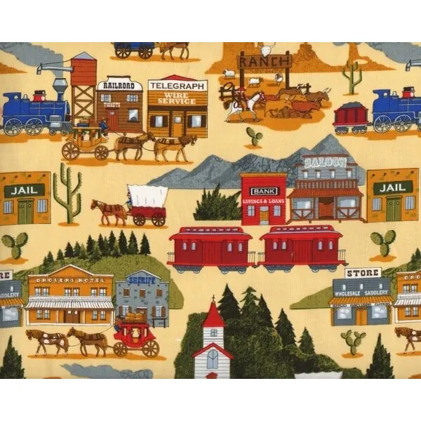 Patchworkstoff COWBOY, Ranch, goldgelb-weinrot