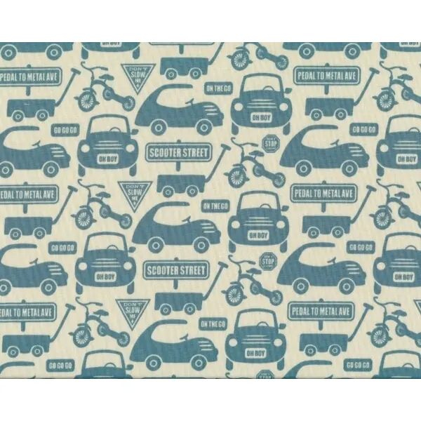 Patchworkstoff "Cruiser Boulevard", Autos-Scooter und Dreiräder, gedecktes türkis-creme