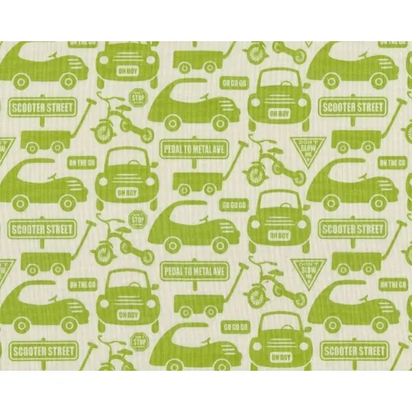 Patchworkstoff "Cruiser Boulevard", Autos-Scooter und Dreiräder, helles apfelgrün-creme