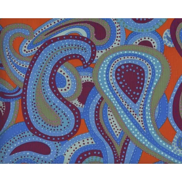 Patchworkstoff "Dancing Paisley" mit großen Punkte-Paisleys, taubenblau-gedecktes weinrot-terracotta
