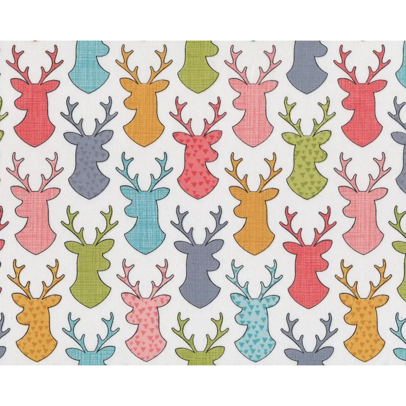 Patchworkstoff DEER HEAD, gemusterte Hirsch-Köpfe, weiß-lachsrot