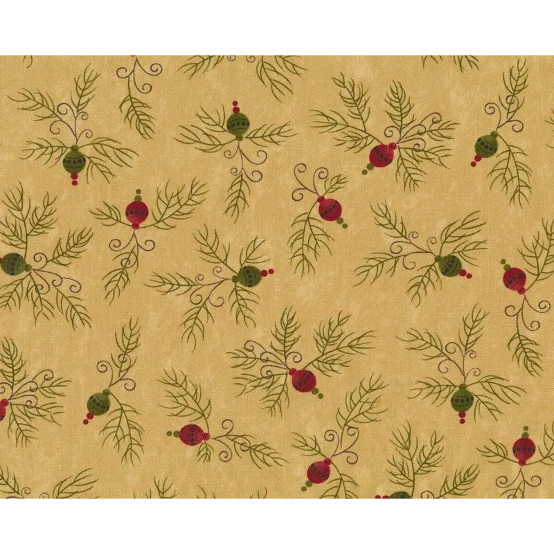 Patchworkstoff DELIGHTFUL DECEMBER, Tannenzweige mit Kugel, sandfarben-olivgrün, Moda Fabrics