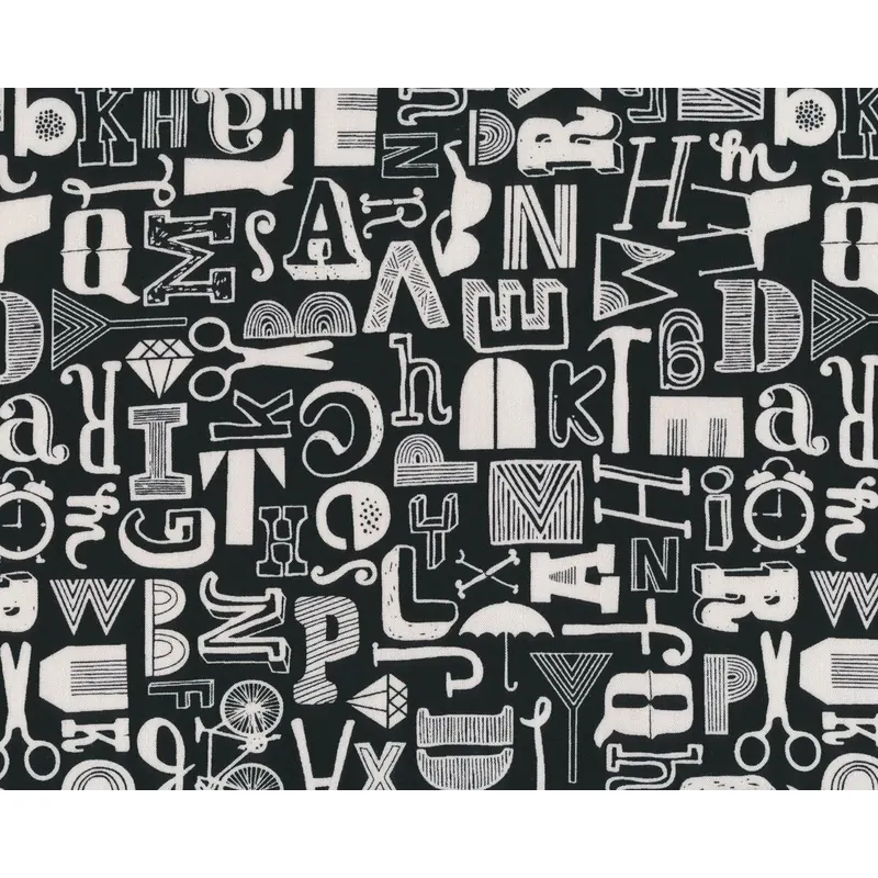 Patchworkstoff DISTRIKT, Buchstaben Accessoires, schwarz-weiß