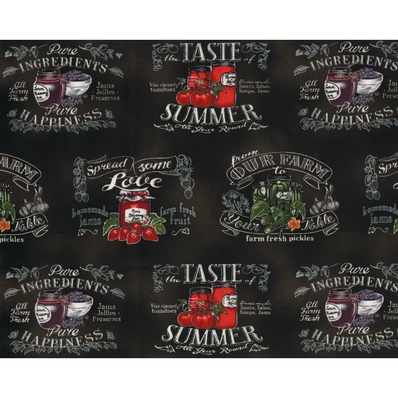 Patchworkstoff DOWN ON THE FARM, Einweckgläser und Schrift, schwarz-dunkelrot