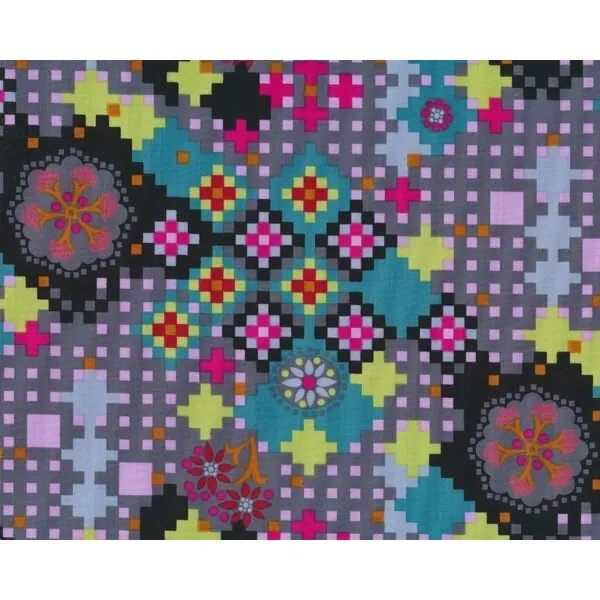 Patchworkstoff DOWRY, Karo-Blüten-Muster, fuchsia-schwarz