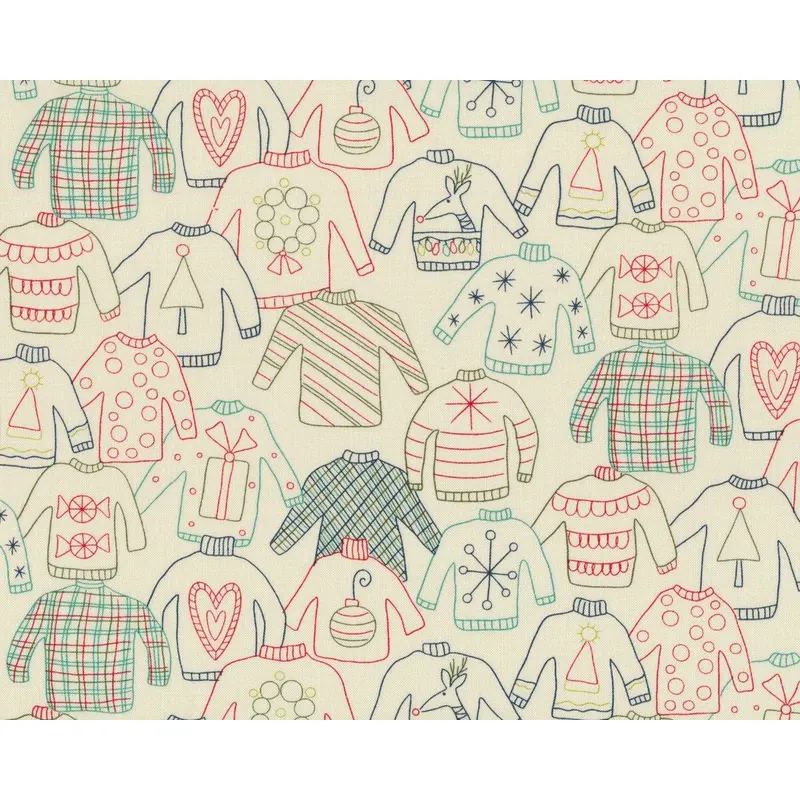 Patchworkstoff EAT, DRINK & BE UGLY, Weihnachtspullover, creme-rot, Moda Fabrics