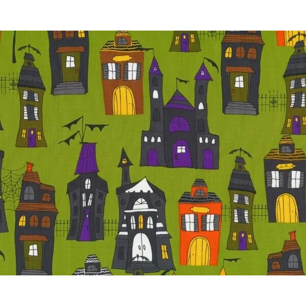 Patchworkstoff "Eerie Alley" mit verwunschenen Häusern und kleinen Burgen, grasgrün-orange-grau