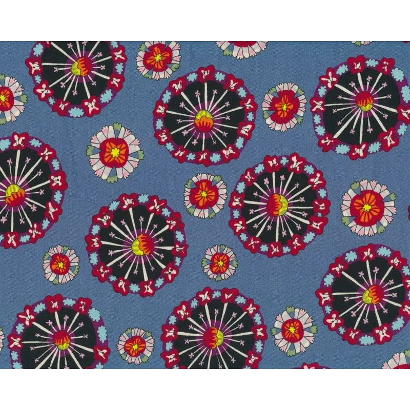 Patchworkstoff FAIRY WISH, Blüten-Mandalas, blaugrau-schwarz