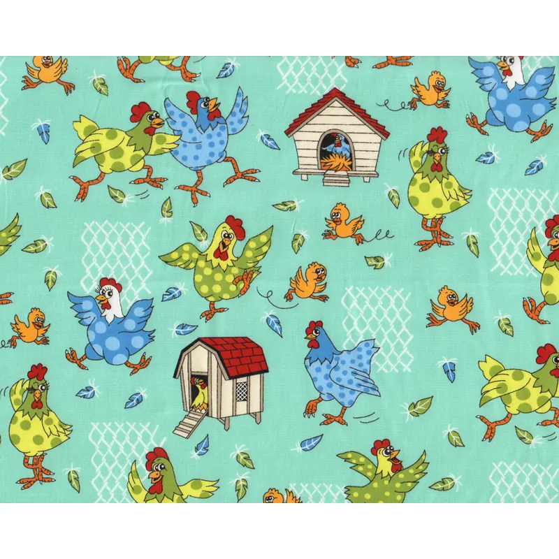 Patchworkstoff FARM FUN, Hühner am Hühnerstall, türkis, Nutex