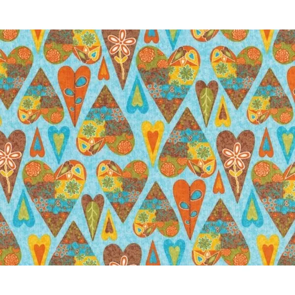 Patchworkstoff "Finally Free" mit bunten Herzen, terracotta-türkisblau