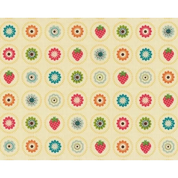 Patchworkstoff "Fly a Kite", Button mit Kreisblüten und Erdbeeren, petrol-fuchsia-gedecktes türkis