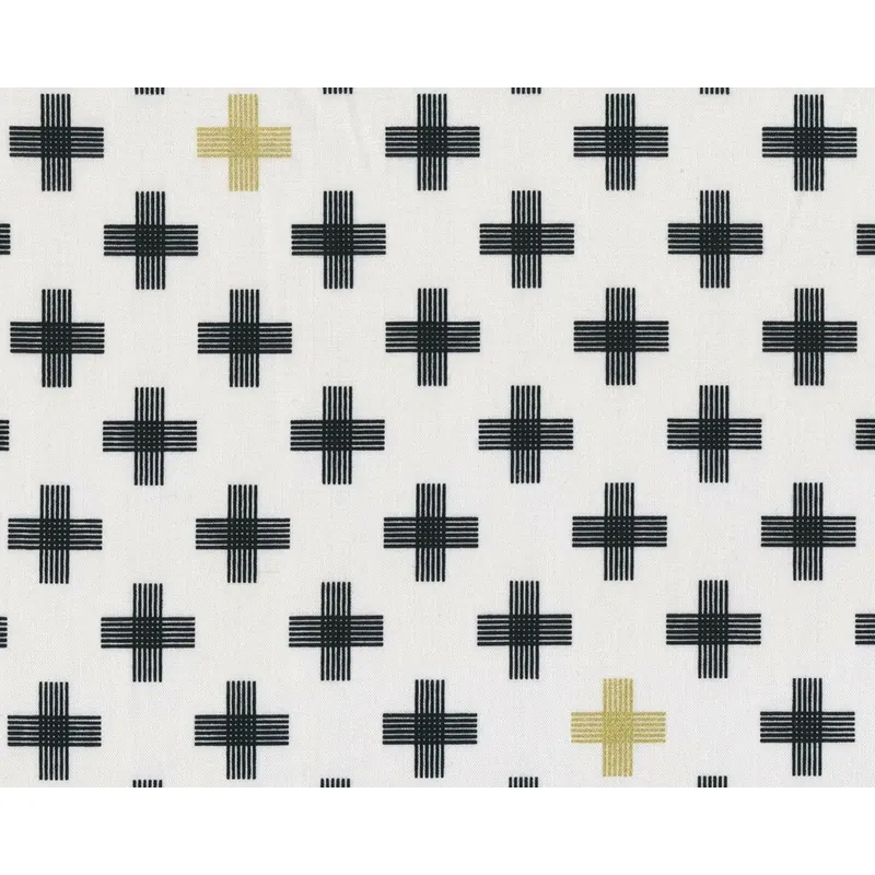Patchworkstoff FOUR CORNERS, Kreuze, weiß-schwarz-gold metallic