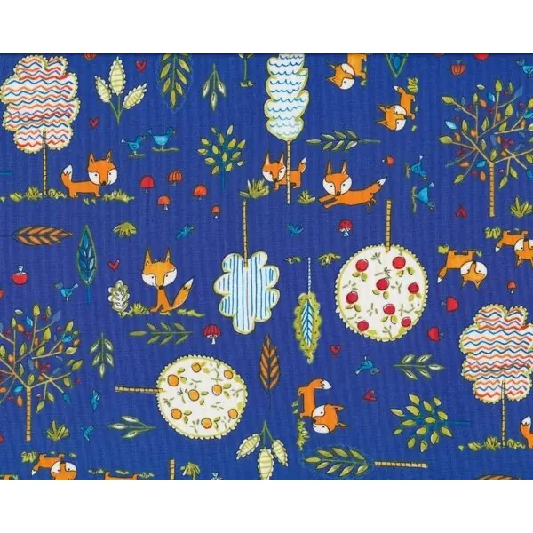 Patchworkstoff FOX PLAYGROUND, Füchse im Wald, blau-orange