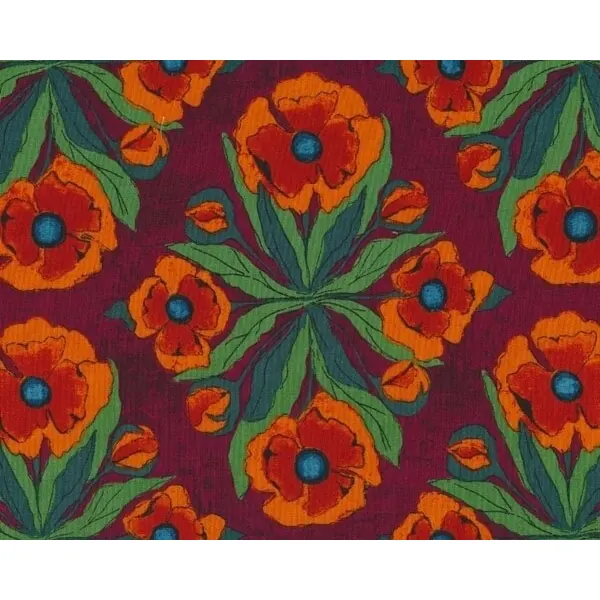 Patchworkstoff "Garden Wall" mit großen Blumen-Rauten, dunkles orange-terracotta-aubergine