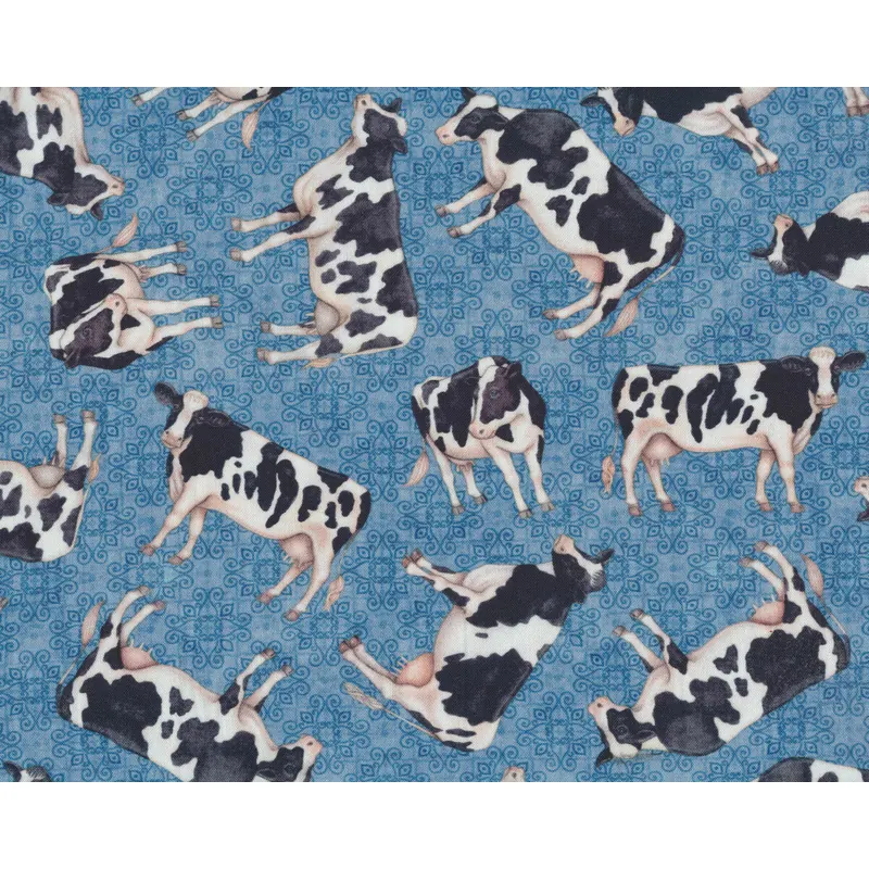 Patchworkstoff GREENER PASTURES, Milchkühe, blau, QT fabrics