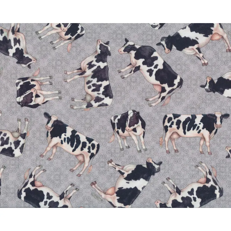 Patchworkstoff GREENER PASTURES, Milchkühe, grau, QT fabrics