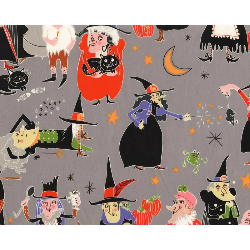 Patchworkstoff HAGATHA'S HALLOWEEN, lustige Hexen, steingrau-orange