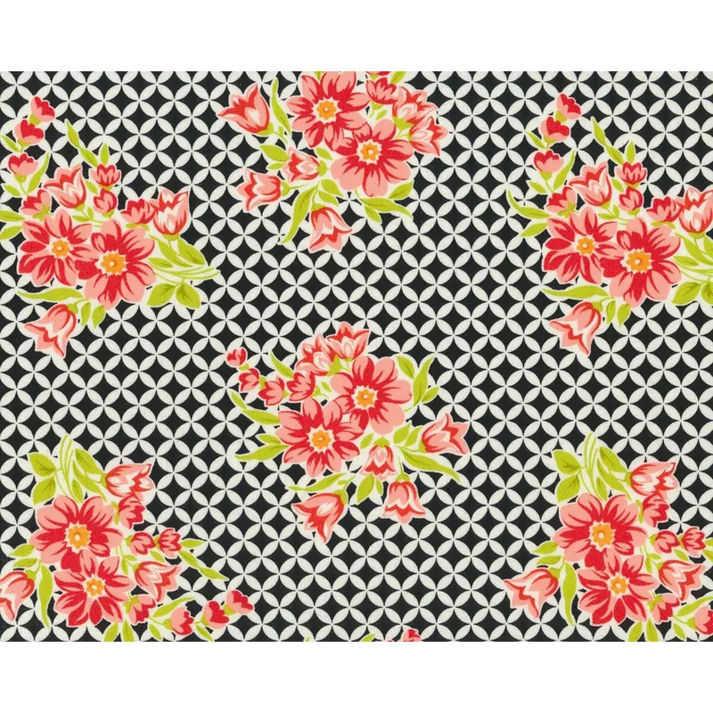 Patchworkstoff HANDMADE, Blüten auf Kreis-Rauten-Grund, schwarz-lachsrosa, Moda Fabrics